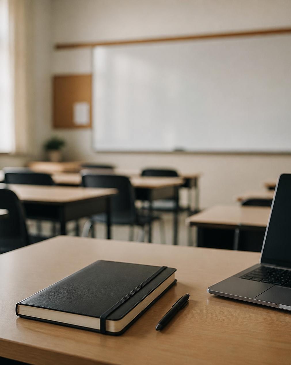Sala de aula vazia pela manhã, com um caderno e um notebook sobre a mesa do professor